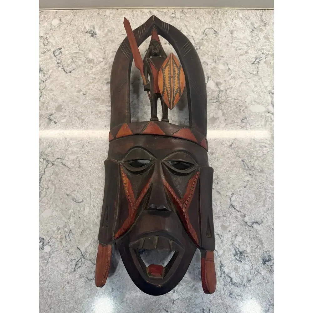 Vintage African Hand Carved Wooden Mask Statue 18.5